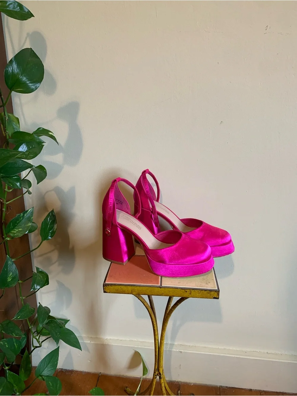 Dream Pairs Hot Pink Satin Platform Block Heel Slingback Pumps